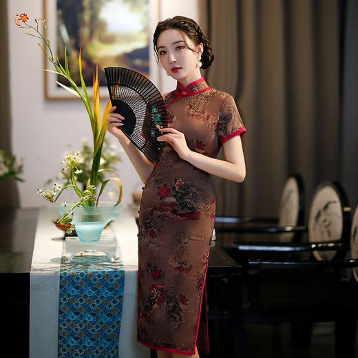 中长款短袖仿花罗修身，立领开衩改良旗袍连衣裙GSJ-207 商品图3