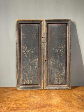 硬木雕花髹漆橱柜门板一对，顺丰包邮