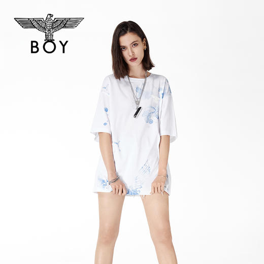 BOYLONDON短袖男女同款22春夏新品水彩泼墨涂鸦白色宽松T恤B221N01021 商品图0