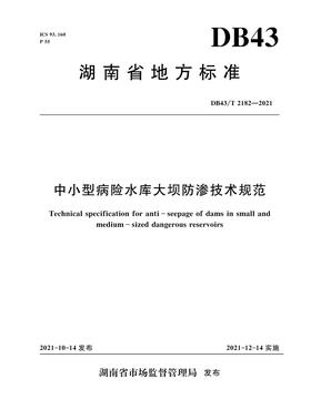 中小型病险水库大坝防渗技术规范 DB43/T 2182—2021（湖南省地方标准）