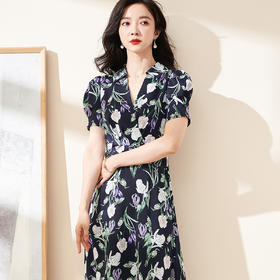 剩S/M 米思阳2024夏季新款知性优雅印花短袖连衣裙修身显瘦中长裙1355