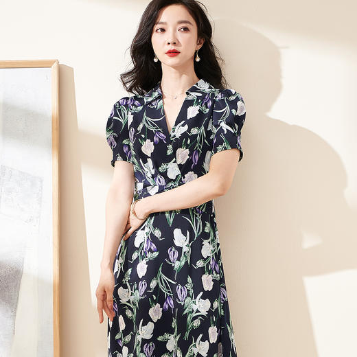 剩S/M 米思阳2024夏季新款知性优雅印花短袖连衣裙修身显瘦中长裙1355 商品图0