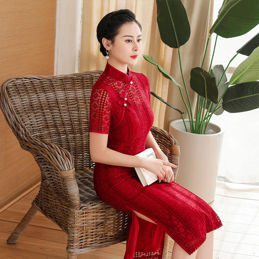 TZRY-11202新款春夏蕾丝旗袍 复古改良中式礼仪红色宴会旗袍 商品图1