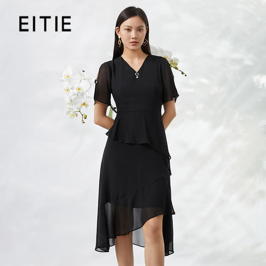EITIE爱特爱夏季新款时尚气质通勤纯色显瘦v领收腰雪纺连衣裙B2207980 商品图1