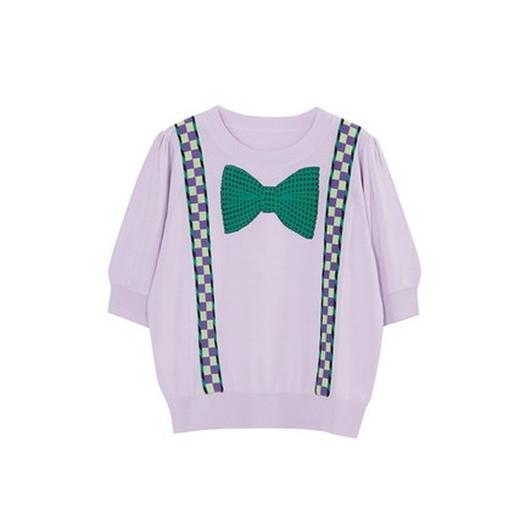 谜底2022夏季新款柔软图案织花圆领套头短袖针织衫女222MZ0891 商品图4