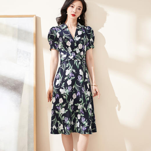 剩S/M 米思阳2024夏季新款知性优雅印花短袖连衣裙修身显瘦中长裙1355 商品图1