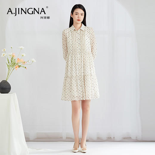 【特价款不退不换】阿菁娜简约清新绿色圆点印花温婉恬静灯笼袖连衣裙A27X112131 商品图3