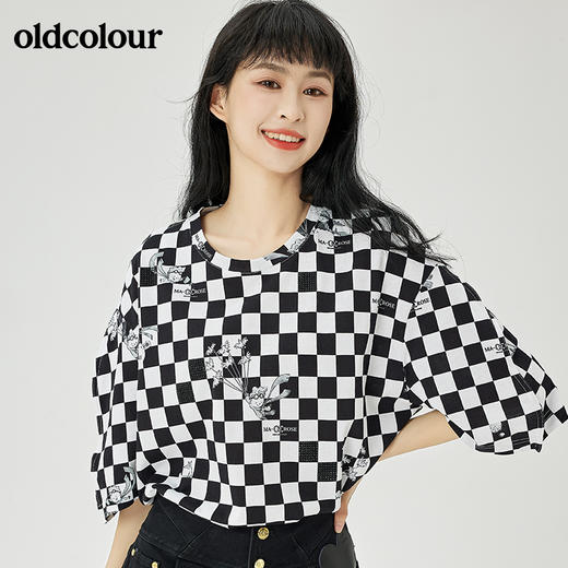 oldcolour2022夏季新品棋盘格子全棉短袖T恤女O21021170 商品图2