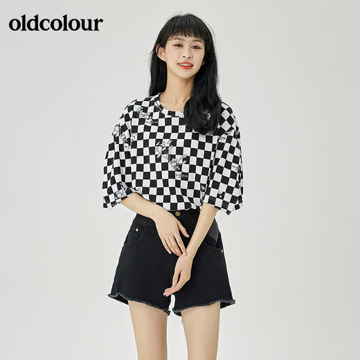 oldcolour2022夏季新品棋盘格子全棉短袖T恤女O21021170 商品图3