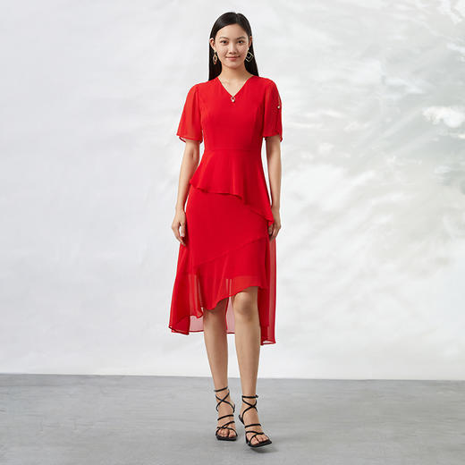 EITIE爱特爱夏季新款时尚气质通勤纯色显瘦v领收腰雪纺连衣裙B2207980 商品图3