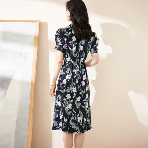 剩S/M 米思阳2024夏季新款知性优雅印花短袖连衣裙修身显瘦中长裙1355 商品图2