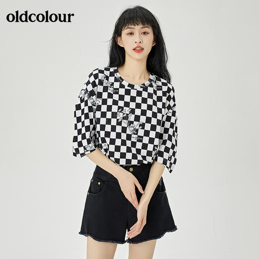 oldcolour2022夏季新品棋盘格子全棉短袖T恤女O21021170 商品图4