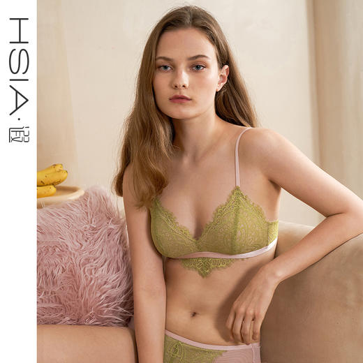 HSIA遐三角杯薄款内衣女夏性感睫毛撞色蕾丝胸罩中小胸无钢圈文胸性感镂空 商品图0