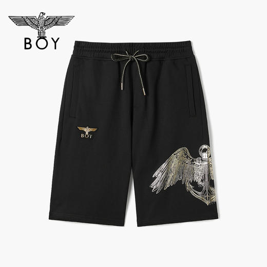 BOYLONDON短裤男女同款22春夏新品鹰翼印花黑色宽松休闲裤B222N13006 商品图0