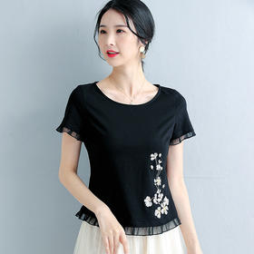 夏季针织绣花棉洋气雪纺边修身短款时尚小衫LM06562