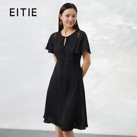 EITIE爱特爱夏季新款通勤雪纺系带黑色收腰a字连衣裙小黑裙B2207984