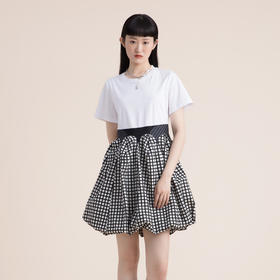 谜底2022夏季新款假两件棋盘格花苞下摆收腰显瘦连衣裙222ML0695