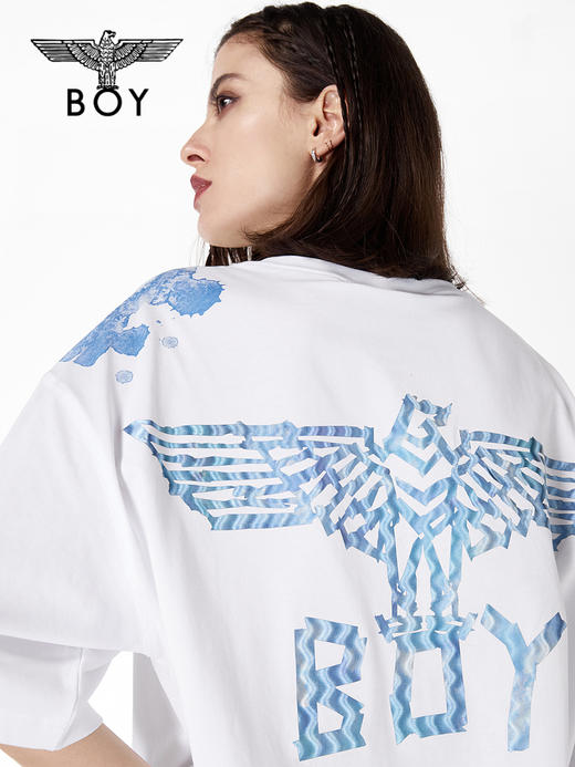 BOYLONDON短袖男女同款22春夏新品水彩泼墨涂鸦白色宽松T恤B221N01021 商品图3