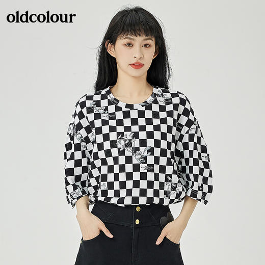 oldcolour2022夏季新品棋盘格子全棉短袖T恤女O21021170 商品图0