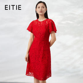 EITIE爱特爱夏新款时尚通勤显瘦收腰优雅气质红色蕾丝连衣裙B2207974