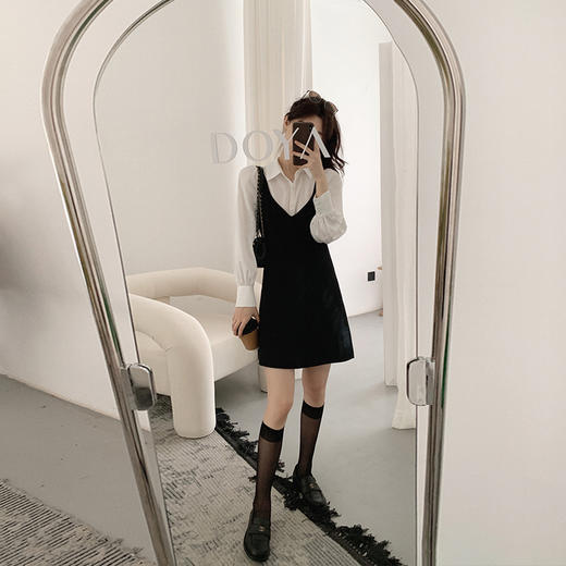 XS 码 高級黑白 /香槟裸粉 金蘑菇菇【甜甜圈 乖甜密码】轻薄凉快假两件衬衫连衣裙气质裙子 商品图4