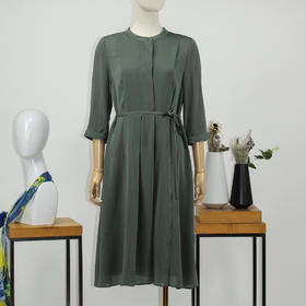 FOCALS福柯斯秋季桑蚕丝圆领七分袖修身中长款连衣裙FRRAX081GA