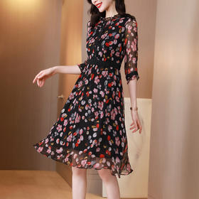 时尚碎花重磅真丝连衣裙，新款收腰显瘦桑蚕丝名媛气质连衣裙SS-L210311