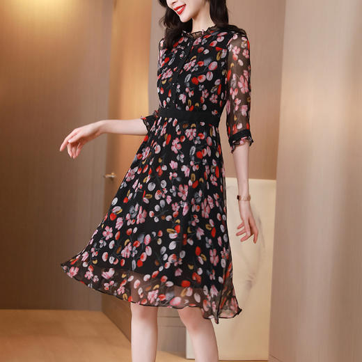 时尚碎花重磅真丝连衣裙，新款收腰显瘦桑蚕丝名媛气质连衣裙SS-L210311 商品图0