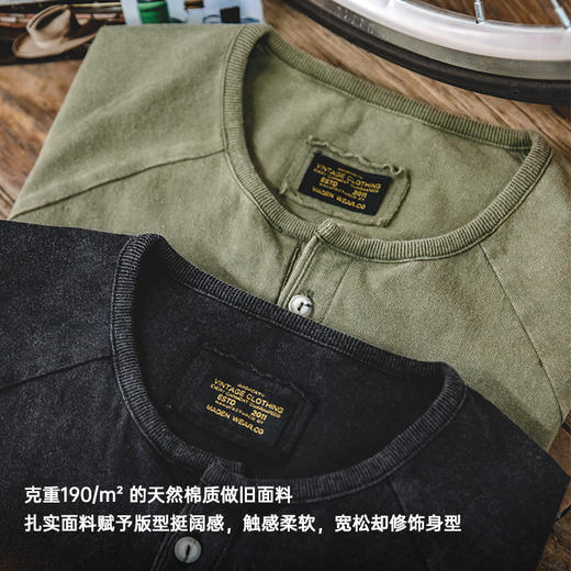 马登工装 日系复古做旧亨利领弹力修身短袖咔叽美式硬汉T恤衫男夏 商品图2