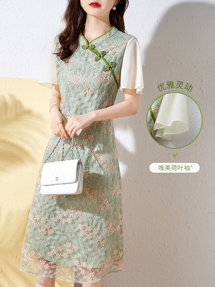 【专属特价】熙世界国风蕾丝旗袍裙子女夏新款立领绣花新中式改良连衣裙