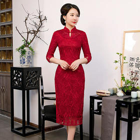 QQX-新款中袖妈妈宴会礼服中长款婚宴喜婆婆旗袍连衣裙