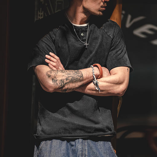 马登工装 日系复古做旧亨利领弹力修身短袖咔叽美式硬汉T恤衫男夏 商品图3