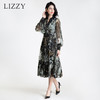 LIZZY 法式浪漫印花小V领灯笼袖大摆连衣裙（配二条腰带）7592 商品缩略图0