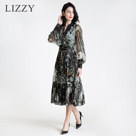 LIZZY 法式浪漫印花小V领灯笼袖大摆连衣裙（配二条腰带）7592