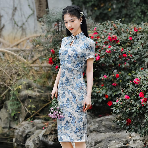 改良版复古优雅年轻款镂空中国风印花旗袍连衣裙 YSD05119 商品图0