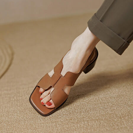 复古百搭，里外全头层皮粗跟舒适凉拖鞋PS915 商品图3