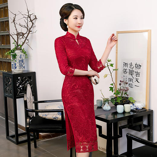 QQX-新款中袖妈妈宴会礼服中长款婚宴喜婆婆旗袍连衣裙 商品图1