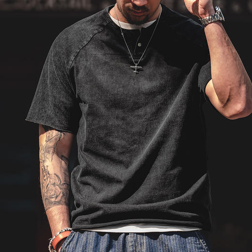 马登工装 日系复古做旧亨利领弹力修身短袖咔叽美式硬汉T恤衫男夏 商品图5