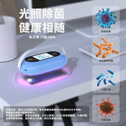 威艾特UR系列 紫外线消毒灯 家居 旅行 母婴健康杀菌除螨移动便携LED杀菌灯 蓝色(实用版（不带LED屏）) 商品图4