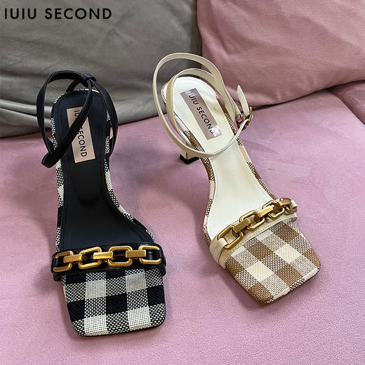 IUIU SECOND 2022夏新款方头金属链条格纹一字带高跟凉鞋U22BG24811 商品图3