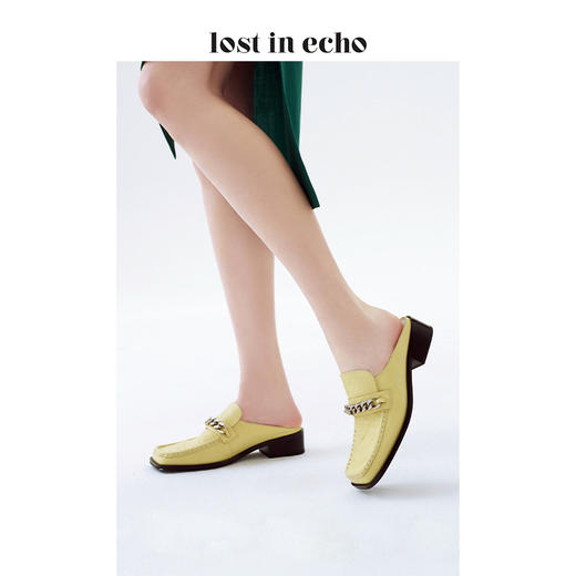 lost in echo设计师女鞋 链条方头乐福拖鞋 深咖色鳄鱼纹低跟女鞋 商品图3