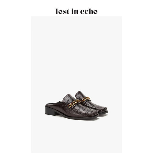 lost in echo设计师女鞋 链条方头乐福拖鞋 深咖色鳄鱼纹低跟女鞋 商品图1
