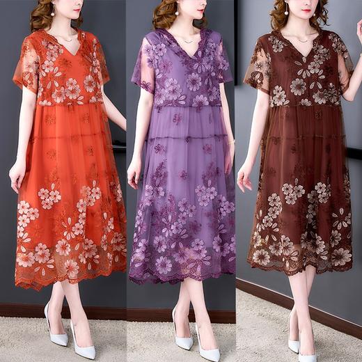 YMR9657 刺绣连衣裙中长款宽松过膝气质网纱绣连衣裙文艺范裙子 商品图3
