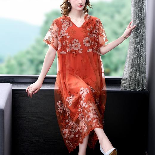 YMR9657 刺绣连衣裙中长款宽松过膝气质网纱绣连衣裙文艺范裙子 商品图1