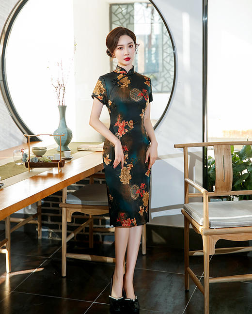 ZAYS-82243春夏中长双层印花旗袍改良气质复古立领丝绸斜襟短袖旗袍 商品图0