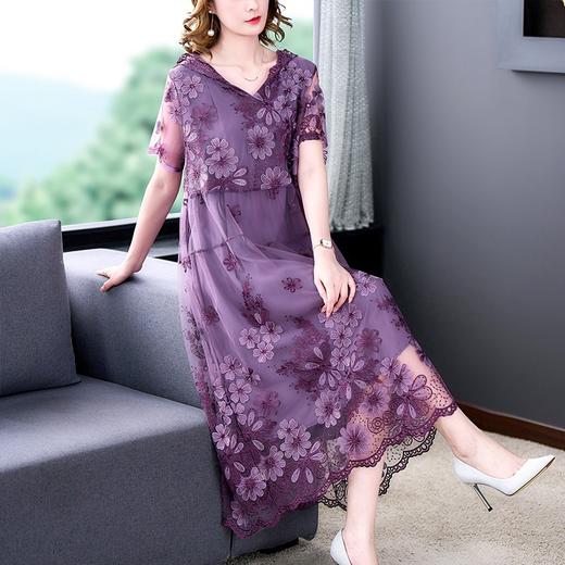 YMR9657 刺绣连衣裙中长款宽松过膝气质网纱绣连衣裙文艺范裙子 商品图2