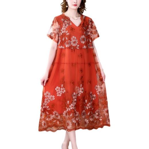 YMR9657 刺绣连衣裙中长款宽松过膝气质网纱绣连衣裙文艺范裙子 商品图4