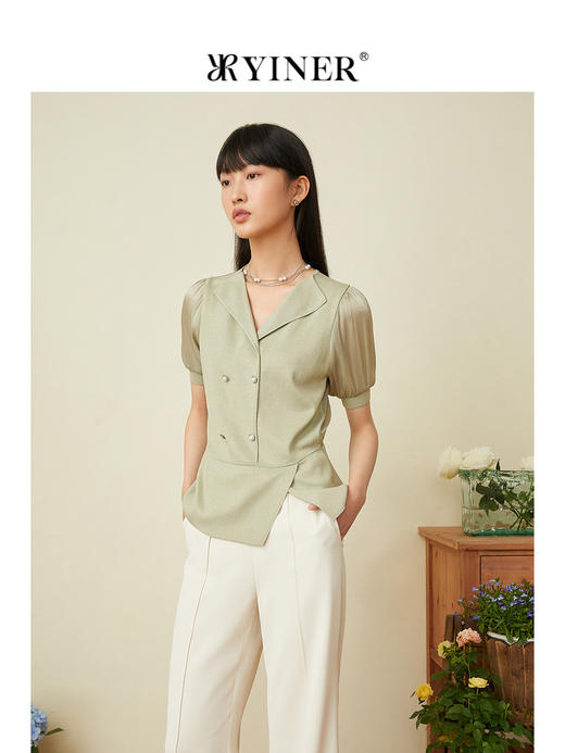 音儿女装2022夏季新款拼接泡泡袖亮丝针织衫8c32206160 商品图1