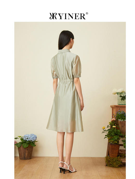 音儿女装2022夏季新款高腰泡泡袖半开领连衣裙8c32205220 商品图2