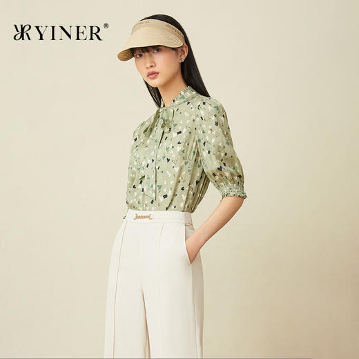 音儿女装2022夏季新款爱心印花灯笼袖蚕丝衬衫8c32270310 商品图0